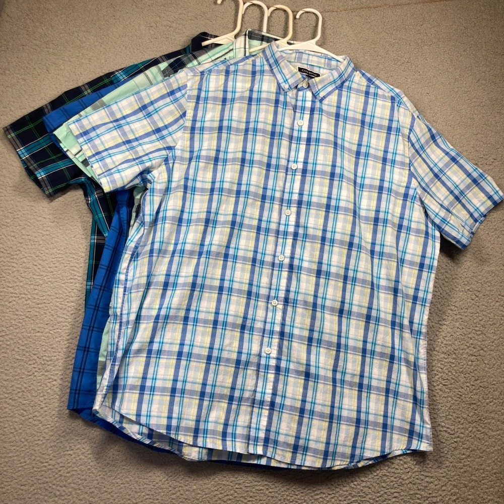 Club Room Button Down Shirts Mens XXL Blue Green Plaid Short Sleeve 4 Pack FLAWS